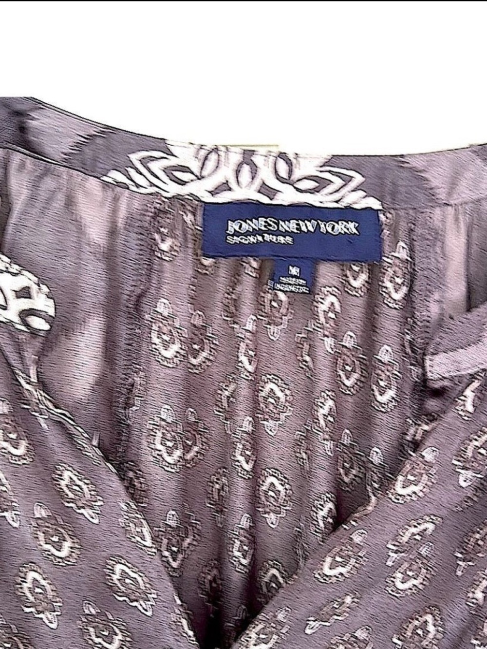 Blouse Mixed Media Pattern Top Tunic Peasant 3/4 Sleeves Cool Gray Hue Medium - Picture 4 of 7